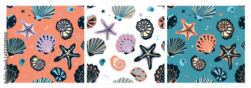Set of patterns with seashells and starfish, hand drawn vector isolated elements. A set of ornaments for the design of textiles, clothing, and interior. Three different color options. Cartoon style.
