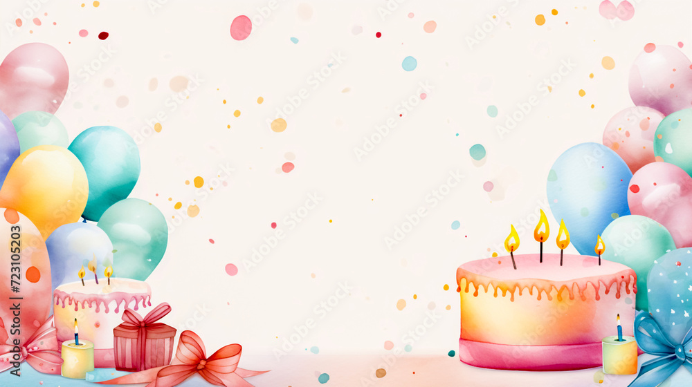 The watercolor image conveys the atmosphere of happiness and joy that the celebration of a birthday, anniversary or other celebration brings. Copy space, place for text The watercolor image conveys the atmosphere of happiness and joy that the celebration of a birthday, anniversary or other celebration brings. Copy space, place for text