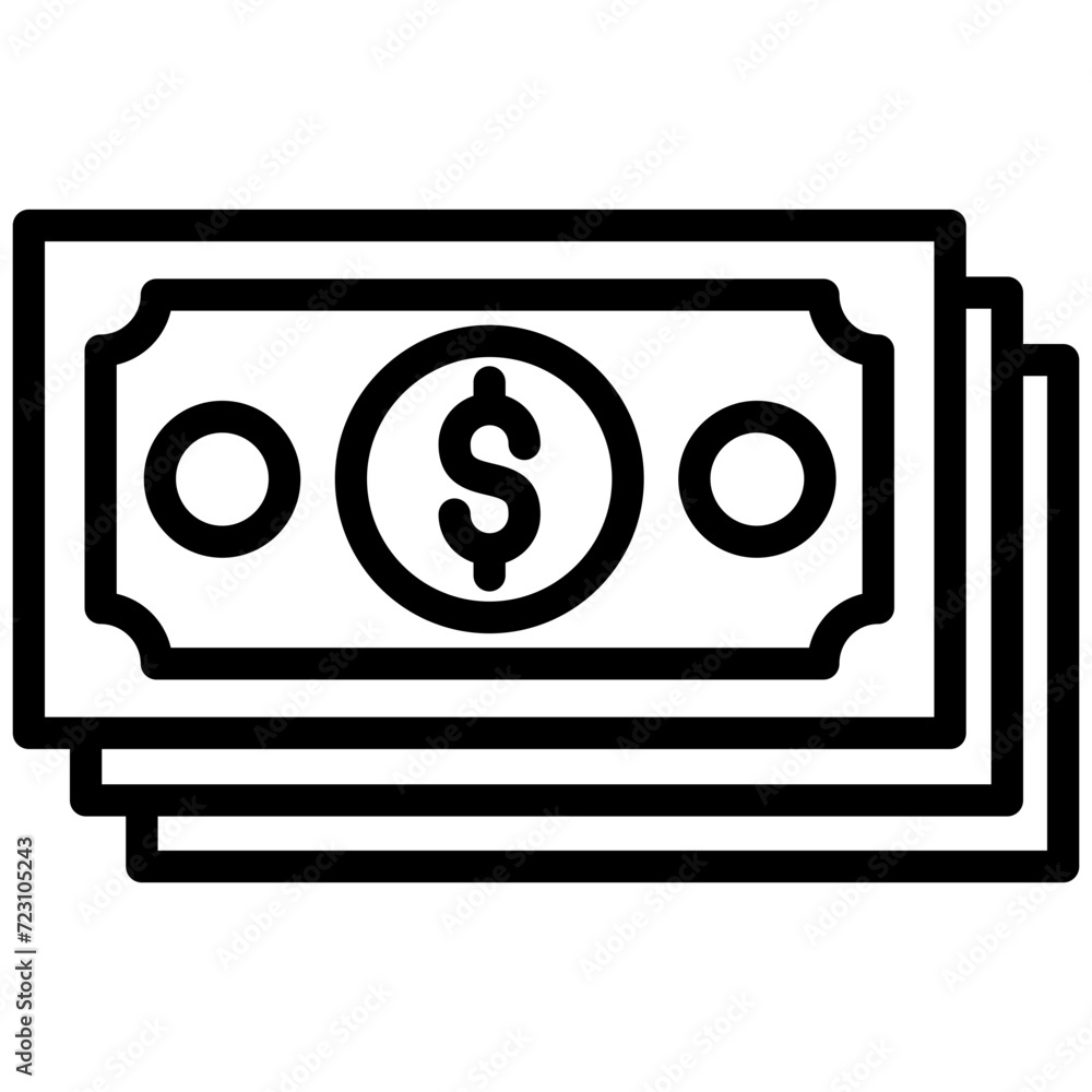 Cash paper money with dollar sign icon, lined icon vector, black and white outline icon symbol. Cash paper money with dollar sign icon, lined icon vector, black and white outline icon symbol.