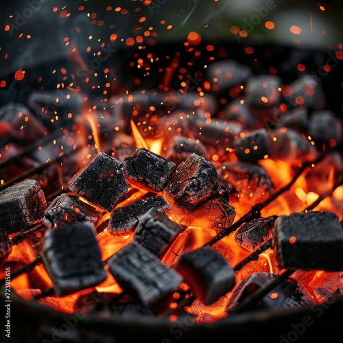 Barbecue Grill Pit with Glowing and Flaming, Hot Charcoal Coals Briquettes outside, close up, realistic, detailed