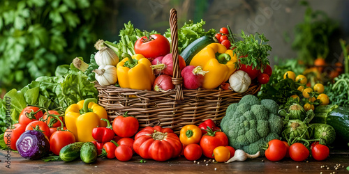 Beautiful wicker basket with vegetables on a wooden background. Tomatoes  cucumbers  cabbage  zucchini  sweet peppers  garlic  lettuce leaves  onions  radishes. Health care and proper diet