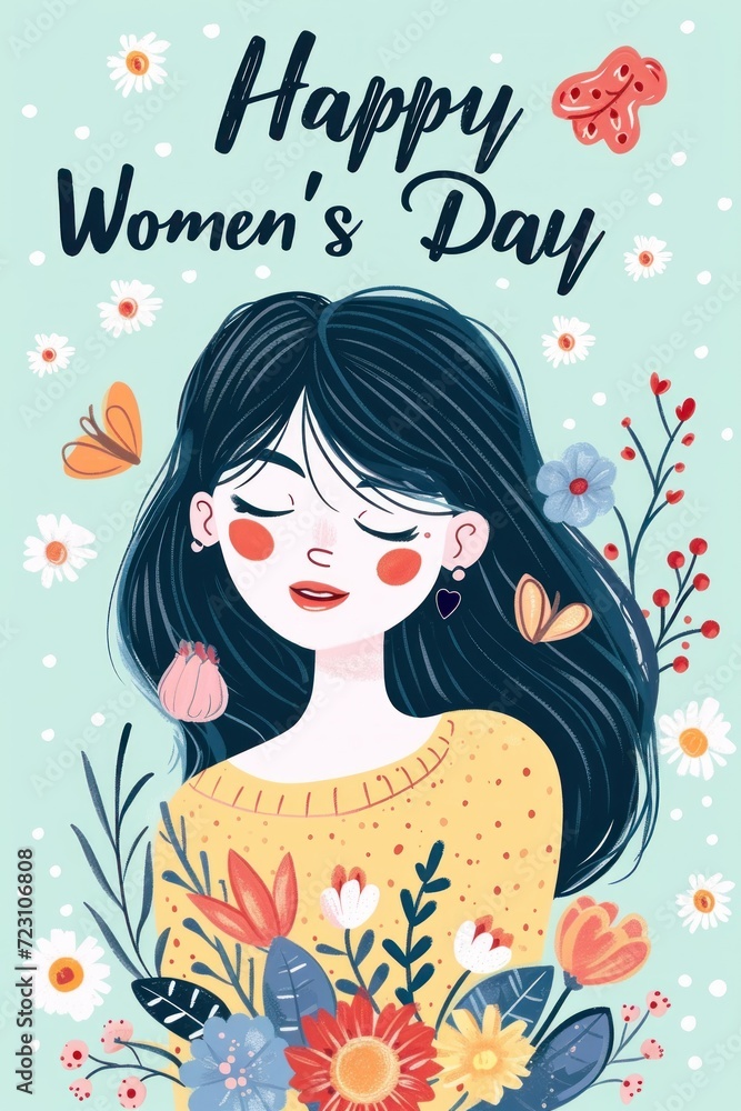 Illustration of a blue Women's Day card with a cute brunette girl and vibrant flowers