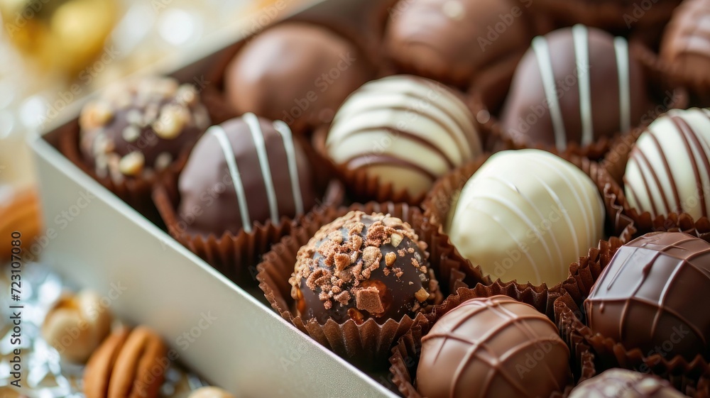 Candy Chocolate Pralines various, close up. Belgian chocolate candy background, detailed. Grocery product, package, advertising. Candy Chocolate Pralines various, close up. Belgian chocolate candy background, detailed. Grocery product, package, advertising.