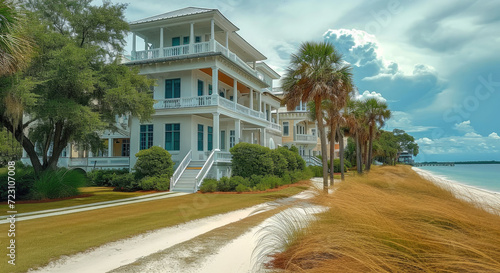 A nice beach mansion, real estate. Generative AI. photo