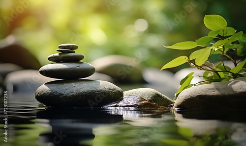 Zen stones and water in a peaceful green garden  relaxation time  wellness and harmony  massage and bodycare  spa and wellness concept. Generative Ai