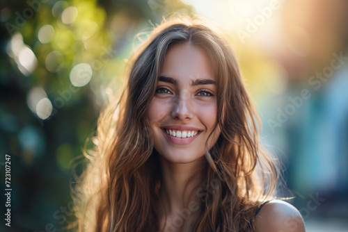 Smiling Woman With Long Brown Hair Looking at Camera