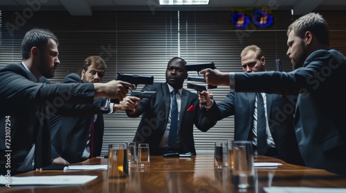 Five businessmen holding guns are arguing. in the conference room photo