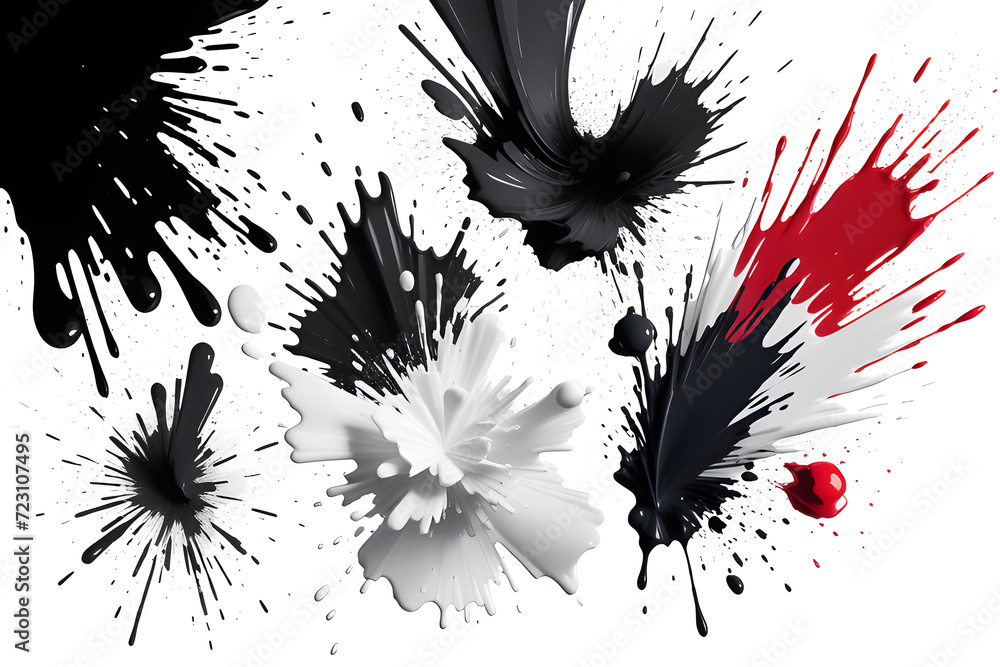 Splashes of black, white and red paints, blot spots on a black and white background, illustration. Playground AI platform. Splashes of black, white and red paints, blot spots on a black and white background, illustration. Playground AI platform.