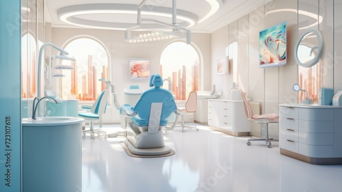 Pediatric dentist clinic interior rendering design. Clean and sterile bright room with modern bed chair and medical equipment.