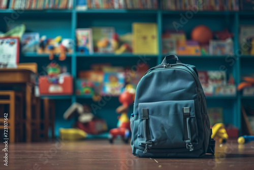 Backpack Resting in Front of Bookshelf
