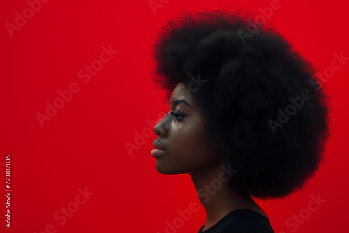Woman With Afro Against Red Background