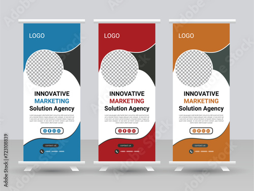 Creative business agency stands roll up banner design stands template layout for exhibition with Three colors. Editable roll-up banner vector template.