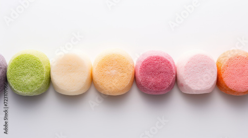 Japanese ice cream Mochi in rice dough. Traditional Japanese dessert on white background. Selective focus, copy space.