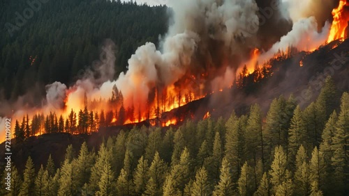 An illustration of an forest on fire, 4k video , fire in the wood, not real.