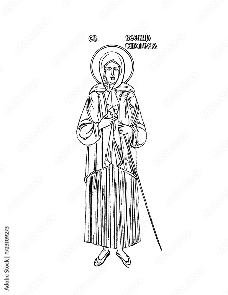 Fototapeta premium Saint Xenia of Saint Petersburg (name english). Coloring page in Byzantine style on white background