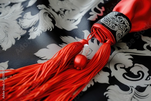 A traditional black graduation cap with a vibrant blue tassel is paired with a white diploma tied with a blue ribbon. The bold contrast against a deep blue background emphasizes the ceremonial signifi photo