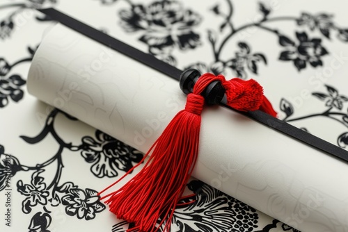 A traditional black graduation cap with a vibrant blue tassel is paired with a white diploma tied with a blue ribbon. The bold contrast against a deep blue background emphasizes the ceremonial signifi photo