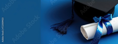 A traditional black graduation cap with a vibrant blue tassel is paired with a white diploma tied with a blue ribbon. The bold contrast against a deep blue background emphasizes the ceremonial signifi photo