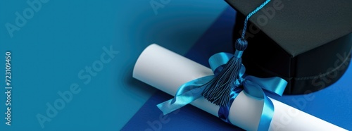 A traditional black graduation cap with a vibrant blue tassel is paired with a white diploma tied with a blue ribbon. The bold contrast against a deep blue background emphasizes the ceremonial signifi photo