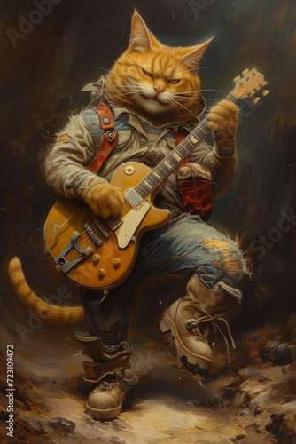 Rockstar cat playing guitar. Fantasy artistic illustration. Music and entertainment concept. Artwork for poster, wall art, flyer, card