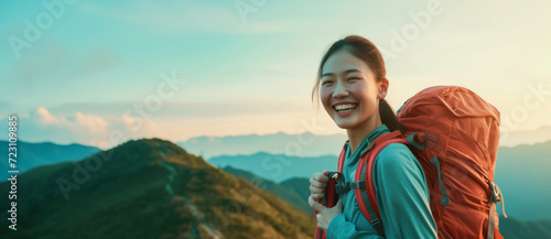 Joyous mountaineer with a vibrant backpack greets the dawn over rolling hills © Ai Studio