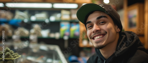 A radiant young man with tattoos grins broadly in a well-lit cannabis dispensary photo
