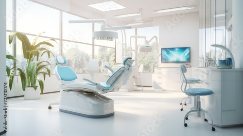 Pediatric dentist clinic interior rendering design. Clean and sterile bright room with modern bed chair and medical equipment.