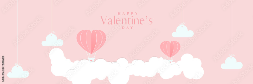 Happy valentine's day banner with heart balloon floating it the sky, Happy Valentine's Day banners, paper art style. vector illustration