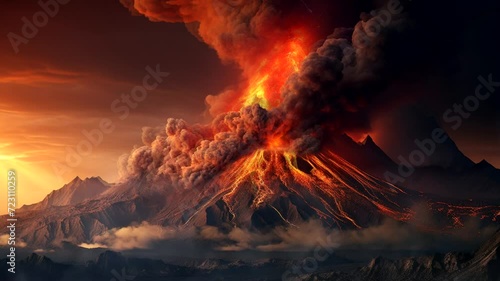 Volcano erupting scene, animated virtual repeating seamless 4k