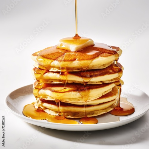 Pancakes with syrup on a white background