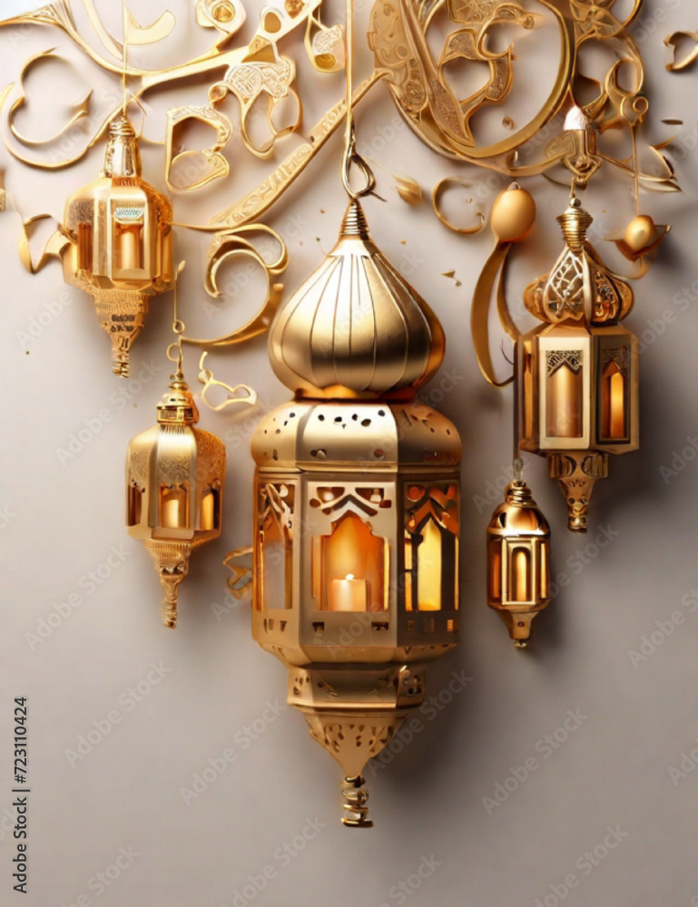 Islamic design with beautiful gold lanterns ornament. Generative AI. Islamic design with beautiful gold lanterns ornament. Generative AI.