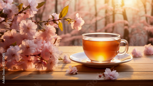 Freshly brewed tea in glass cup on wooden table with lots of cherry blossoms. Healthy drink. Blurred spring background. Sacura blossoms. Natural light, at sunset.