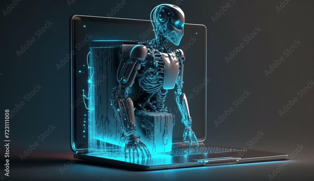 Robotic AI Assistant Emerging from Laptop. A 3D robot with a holographic display emerging from a laptop screen. Robot trader. AI for automation trading on stock market. Vector illustration