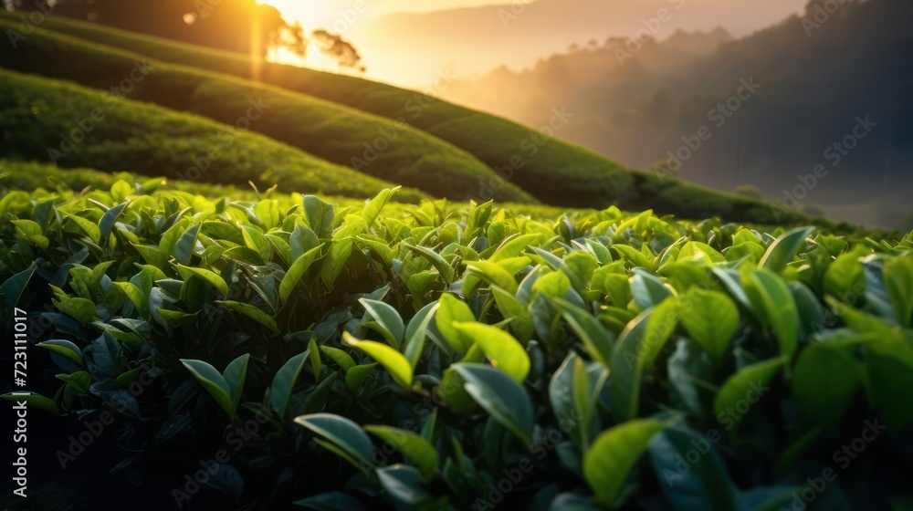 Tea field farm with view of natural fresh green tea leaf shoots in peak morning light.