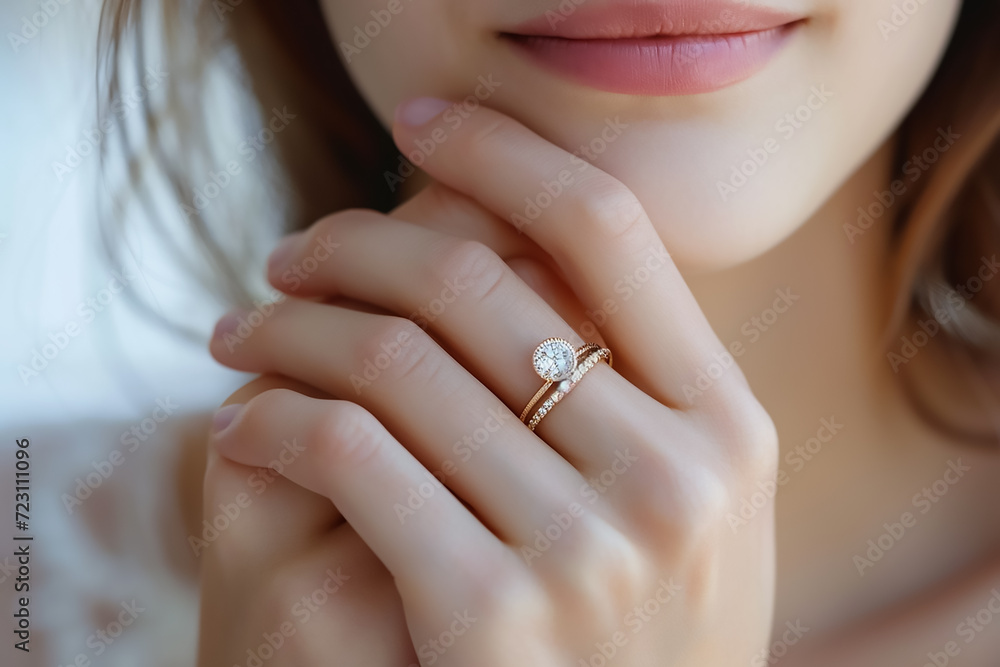 Closeup on the woman wearing a minimal gold and diamond ring Closeup on the woman wearing a minimal gold and diamond ring