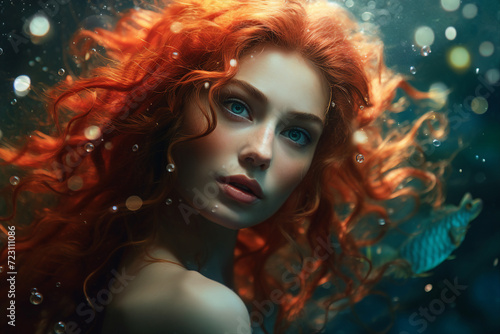 Generative ai creative collage of aquatic humanoid creature mermaid swimming underwater