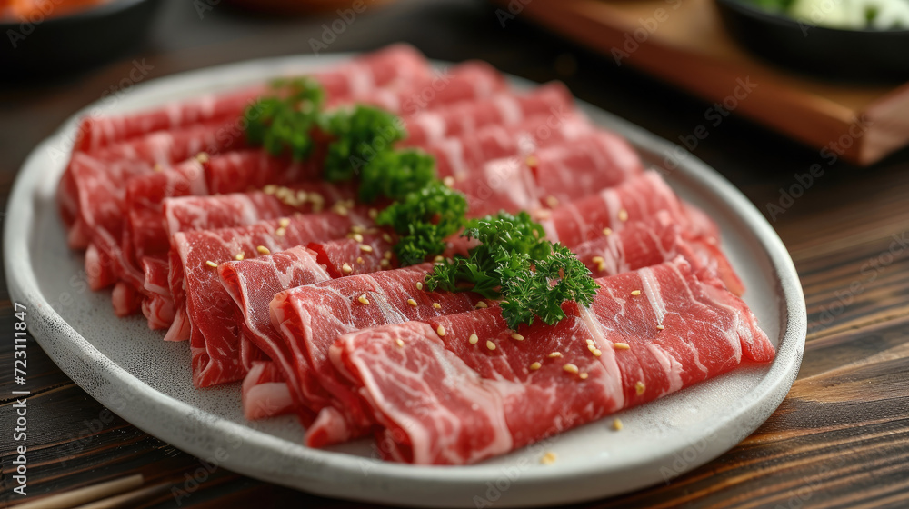 A highly realistic and visually appealing image of sliced fatty beef roll for hot pot. Generative AI.