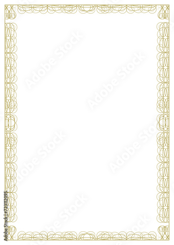 Vintage gold frame with original ornament. Elegant vignettes around the entire perimeter of the sheet. Version No. 5. Format - A4. Cover, background. Vector illustration