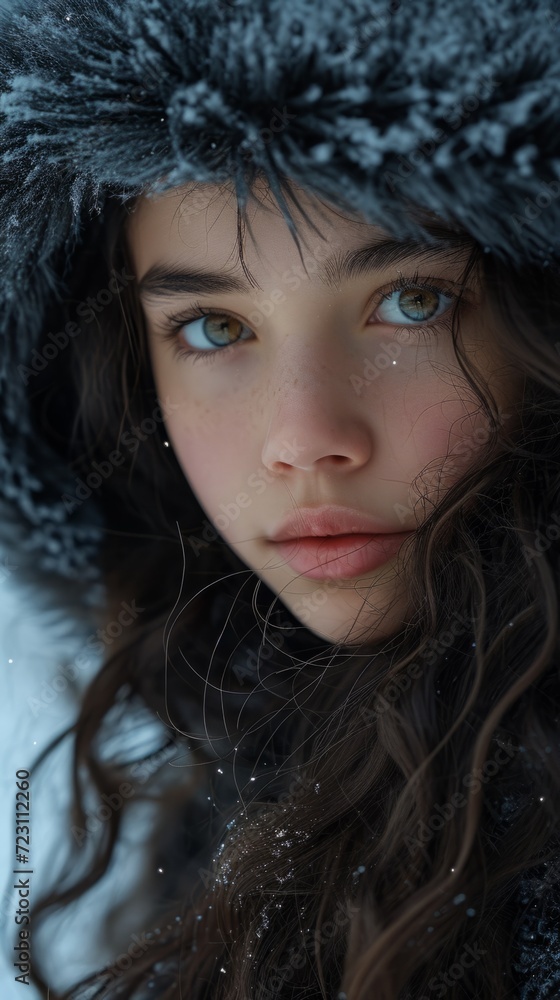 A young woman wearing a furry hat and coat A young woman wearing a furry hat and coat