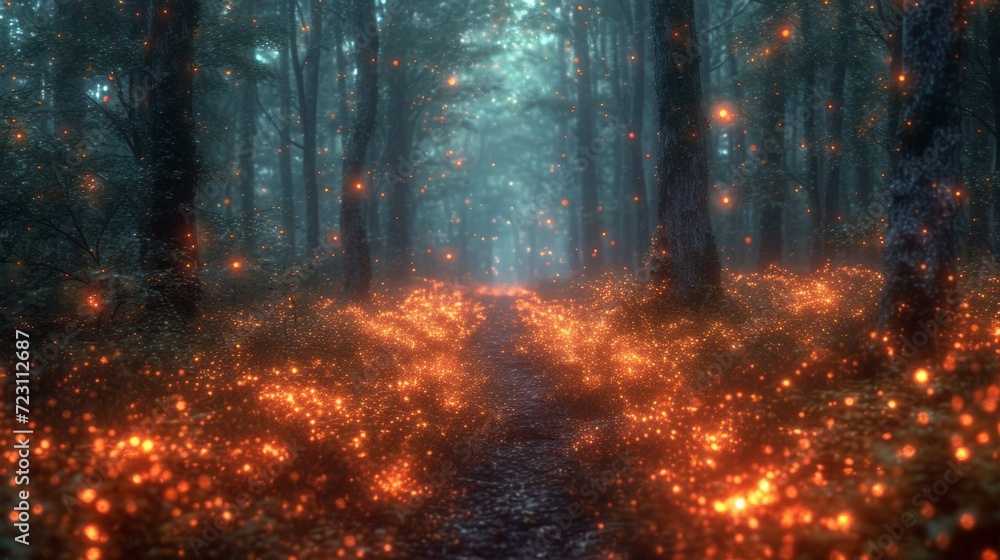 A path through a forest with lots of fireflies