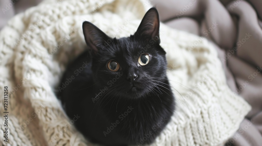 A black cat sitting on top of a blanket
