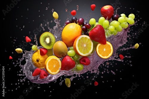 Fresh Fruits Falling with water Splash, on dark background, cutout. Orange, grapefruit juicy citrus slice mix fly splashing, realistic, detailed. Grocery product package, advert