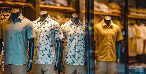 A mannequins wearing printed t-shirts for men and khaki shorts for men, in different colors for men, different designs for men. Generative AI.
