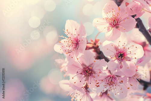 Soft Dream. blooming in spring season. Pink cherry blossom, Sakura tree branch, Spring border or background art with pink blossom. Beautiful nature scene with blooming tree and sun flare