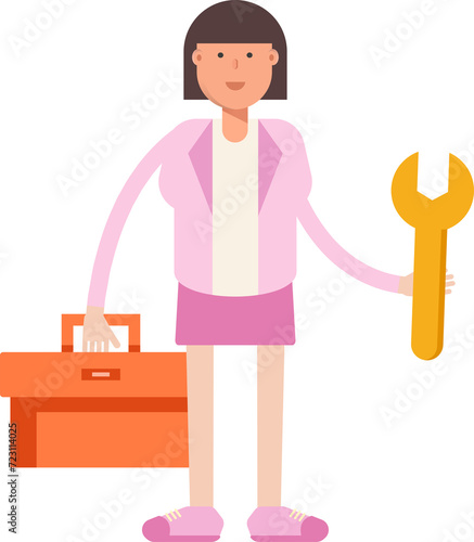 Office Woman Character Holding Toolbox and Wrench 