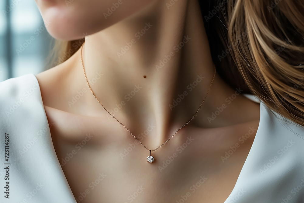Closeup on the woman wearing a minimal gold and diamond necklace Closeup on the woman wearing a minimal gold and diamond necklace