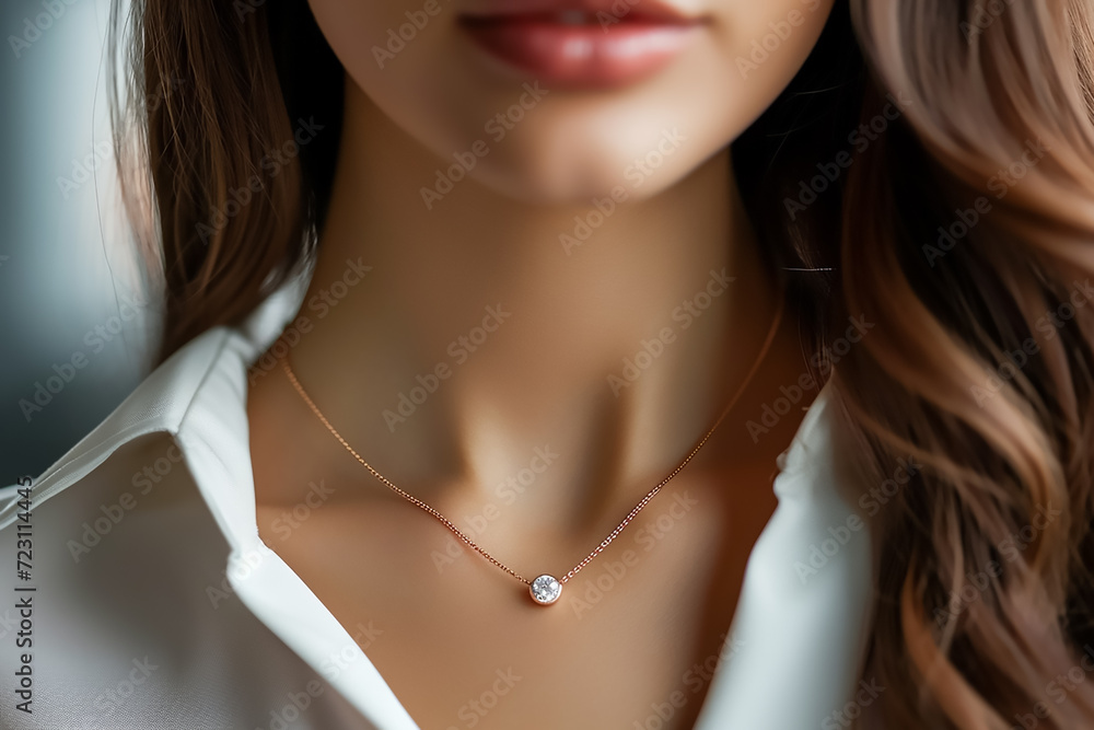 Closeup on the woman wearing a minimal gold and diamond necklace Closeup on the woman wearing a minimal gold and diamond necklace