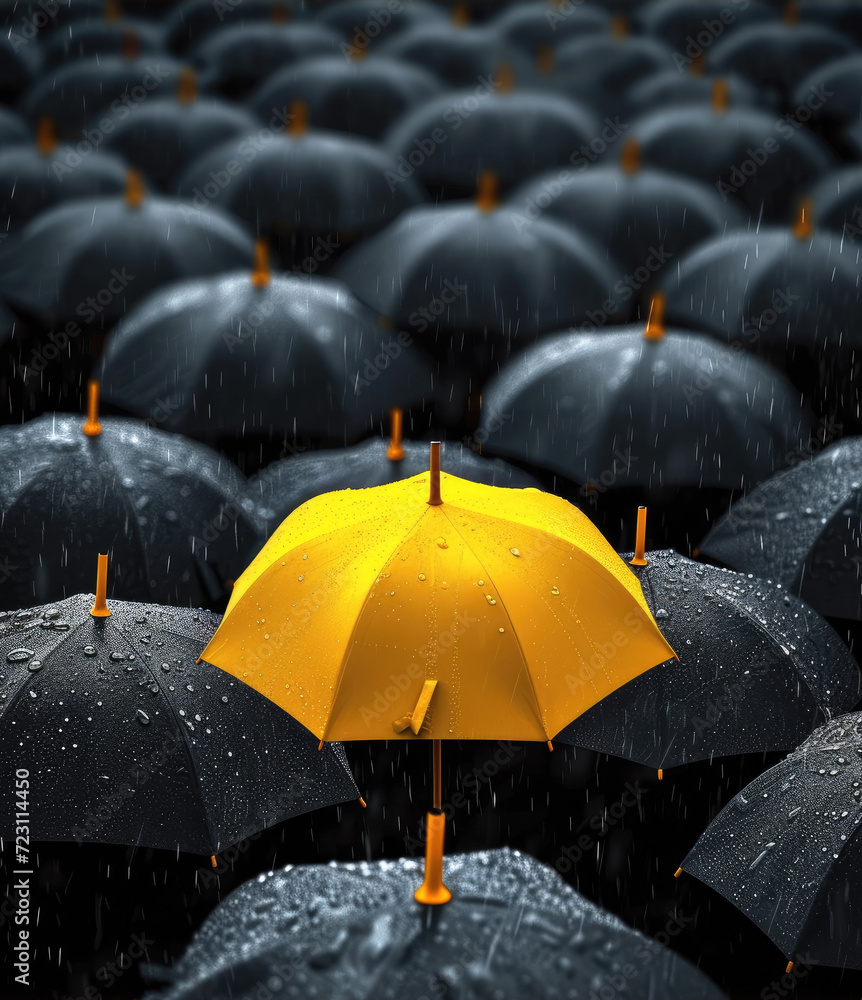 A yellow half transparent umbrella in the middle of a flock of black half transparent umbrellas. Generative AI.