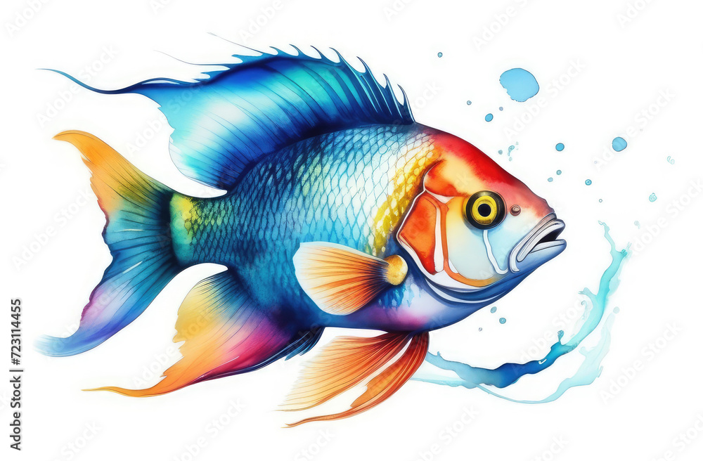 Rainbow fish watercolor painted isolated on white background.