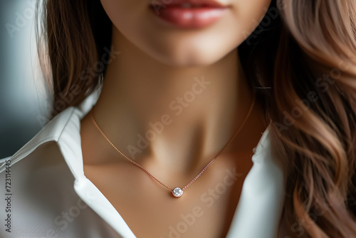 Closeup on the woman wearing a minimal gold and diamond necklace